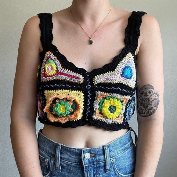 Maridruna Handmade Knit Festival Rainbow Multicolor Hippie Crochet Crop Top Sz M - Picture 7 of 10